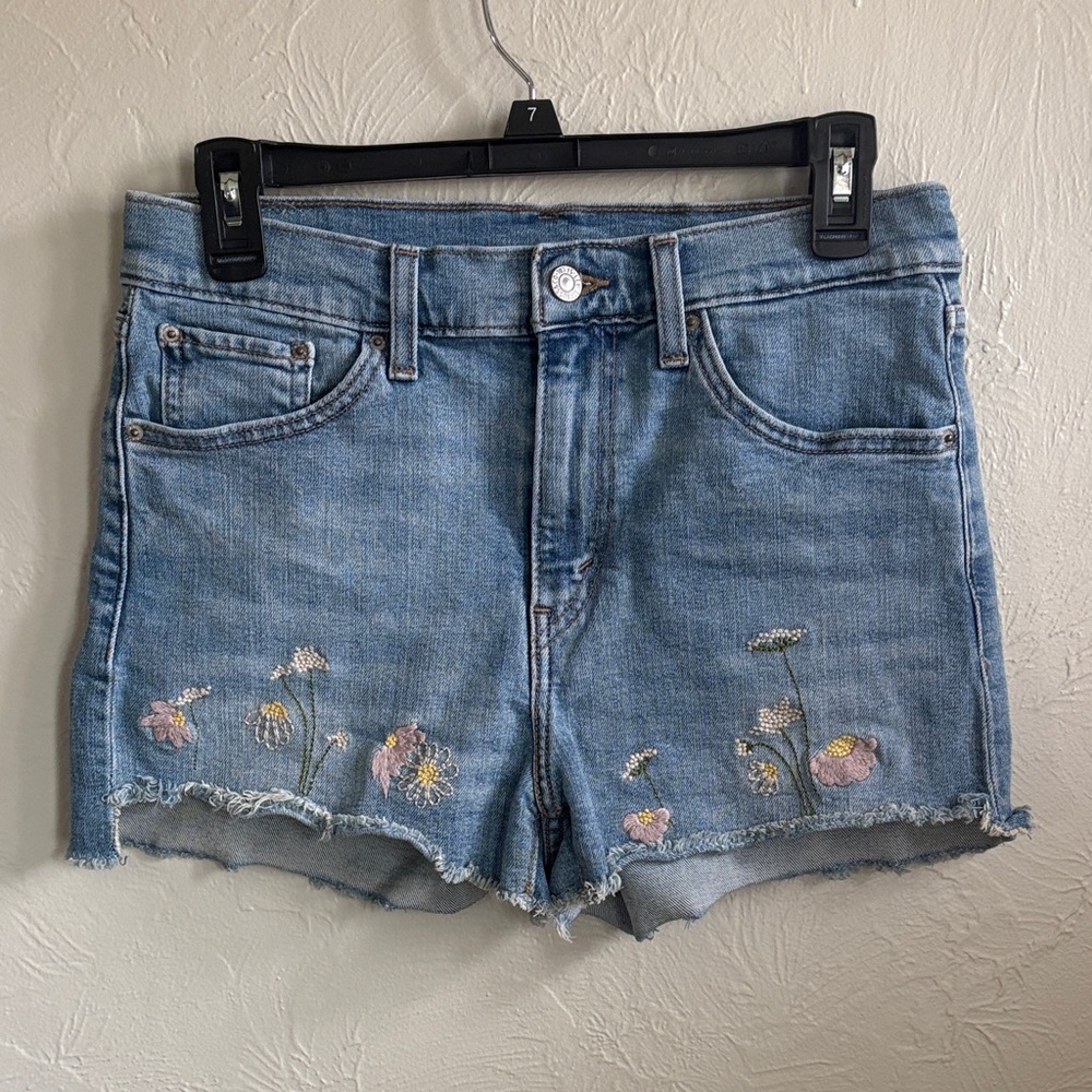 Levi's Blue Denim Shorts with Pink & Yellow Floral Embroidery